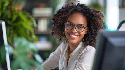 Poster - A woman with curly hair and glasses is smiling at the camera