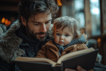 Sticker - A child and their parent reading a book together in a cozy living room, sharing a moment of learning and affection. Concept of family time and education.