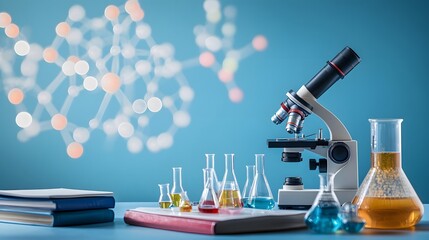 Aufkleber - A Microscope and Flasks of Liquid on a Table with Books