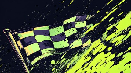 Wall Mural - Checkered flag waving in the wind with green and black splatters behind it.