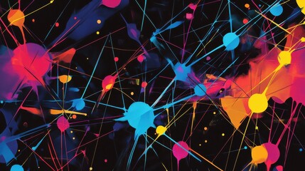 Poster - Colorful abstract network of dots and lines representing connectivity on a black background