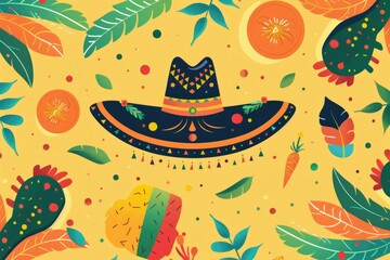 Vibrant Mexican Fiesta Celebration with Sombrero, Decorative Flags, and Festive Elements