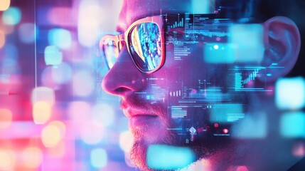 Poster - a man with glasses stands against a vibrant digital background filled with glowing data and colorful