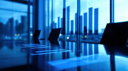 Fototapete - Modern boardroom with digital graphs and analyses presented in a corporate office during evening hours
