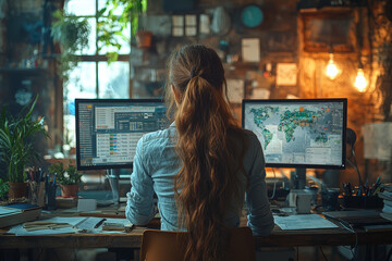 Poster - a businesswoman conducting market research from a trendy co-working space, with multiple screens and