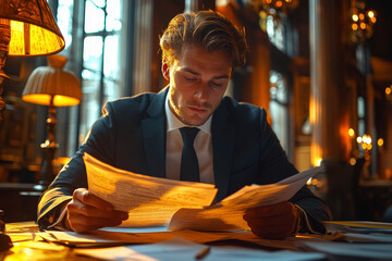 Poster - a business person reviewing contracts and legal documents in a sophisticated office, with a focus on