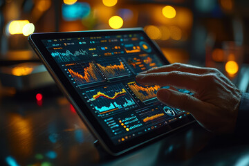 Aufkleber - A business executive analyzing market trends on a tablet in a sleek, minimalist office, with charts and graphs visible on the screen.