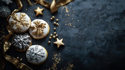 Luxurious Christmas cookies with gold and silver leaf accents displayed on a dark textured background for a festive and elegant atmosphere. Christmas cookies