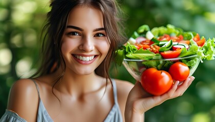 Wall Mural - Joyful woman enjoying a vibrant vegetable salad, embodying a healthy lifestyle in a bright, casual setting