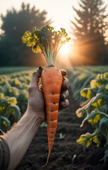 Poster - Harvest. Hands with carrot vegetables against field