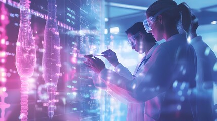 Poster - Scientists in lab coats analyzing a digital anatomical model on a screen.