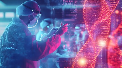 Poster - Scientist in Protective Gear Examining a Vial Against a Glowing Abstract Background