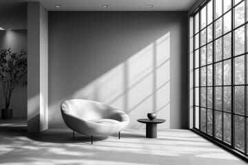 Poster - A sparse living area with a single sofa and a small coffee table. Concept of minimalist comfort.
