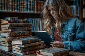 Poster - A student attending an online class, sitting at a desk with textbooks and a tablet. Concept of remote learning and education.