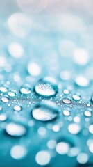 Poster - Droplets of water are clustered on a vibrant blue background, reflecting light and creating a calming, tranquil atmosphere indoors