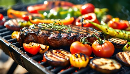 Sunny Backyard BBQ with Juicy Steaks and Fresh Vegetables on Modern Grill for Summer Picnic and Gathering