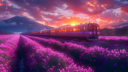 Wall Mural - Train Through Lavender Field Sunset Illustration