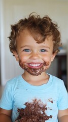 A toddler happily eats chocolate ice cream, covering their face in a delightful mess, evoking smiles and laughter in the cozy home setting