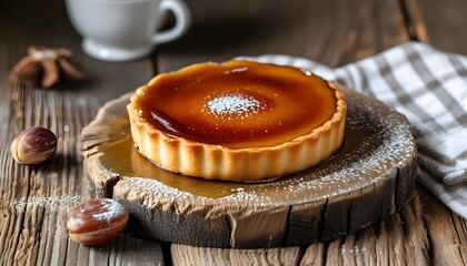 Delicious caramel flan served on a rustic wooden table