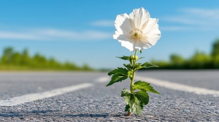 A white flower emerges vibrantly through cracked pavement, showcasing nature's resilience in an urban environment under clear blue skies