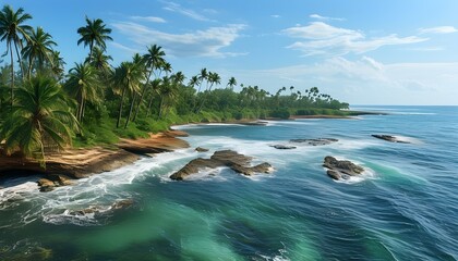 Tranquil coastal paradise featuring swaying palm trees against a vibrant sky