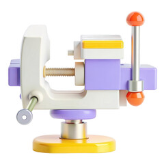 A colorful 3D rendering of a toy vise model with different colors, including white, yellow and purple, interlaced with bright elements.