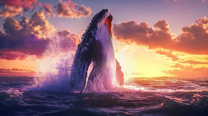 Wall Mural - a humpback whale breaches the surface of the ocean at sunset, creating a spray of water as it leaps 
