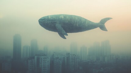 A massive whale hovers effortlessly above a city, blending the natural and urban worlds during early morning light