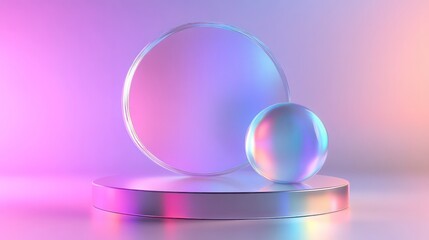 Poster - A metallic circular platform with a large, transparent circle and a smaller iridescent sphere on top.