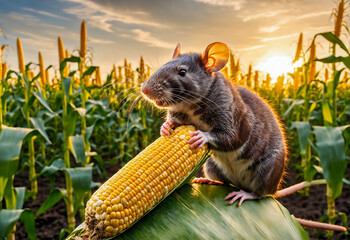 rat on cornfield. pests in agriculture and households.