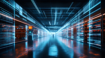 Poster - futuristic technology retail warehouse, a digital warehouse with electronic grids connected to a bar
