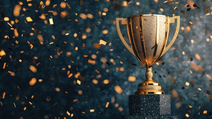 Wall Mural - A golden championship trophy shining brightly against a dark background with confetti falling