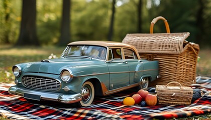 Wall Mural - Retro car with picnic basket on a classic checkered blanket