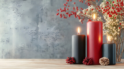 Wall Mural - Holiday candles in red and black on a rustic wooden table, 3D illustration