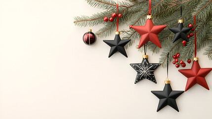 Red and black Christmas stars hanging from pine branches, 3D illustration