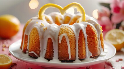 A lemon pound cake with a glaze drizzled love