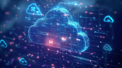 Poster - A digital illustration of a 3D cloud icon made of blue glowing lines on a dark background with blurry lines and dots in the background.