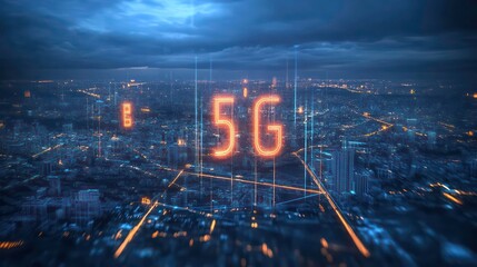 Aufkleber - A glowing 5G symbol over a city skyline at night.