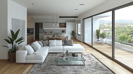 Wall Mural - A modern minimalist living room with an open-concept design, featuring a white couch, glass coffee table, and wooden flooring, large windows letting in natural light, neutral tones,