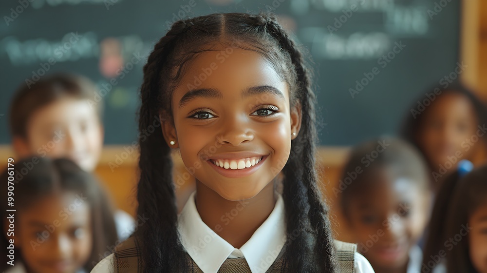 Smiling African American girl in a school uniform, standing confidently ...