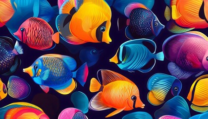 A vibrant and seamless illustration of multicolored fish