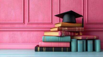 Graduation cap resting on a stack of books against a pink background, symbolizing education and achievement.