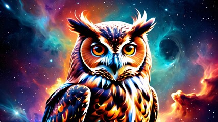 Wall Mural - Colorful owl with glowing eyes in a cosmic nebula.