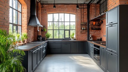 Modern Minimalist Kitchen Room with Wooden Table, luxurious Interior Design, Furniture with Background