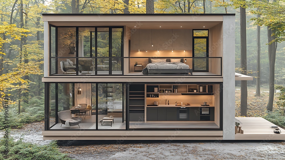 A modern tiny house with an open floor plan, large floor-to-ceiling ...