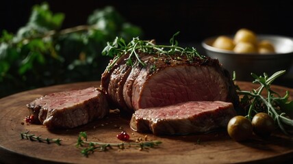 Meat, Steak with Blood, Wine, Black Pepper, Thyme, Rosemary, New Potatoes, Food, Spices, Kitchen Utensils, Wooden Slicing Board, Beef