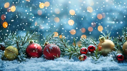 Festive Christmas background with vibrant decorations and snow