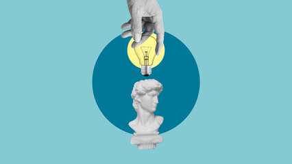 Poster - Inspiration and fresh ideas concept. Solving business issues. Creative thoughts and power are shown by electric light bulb over the head