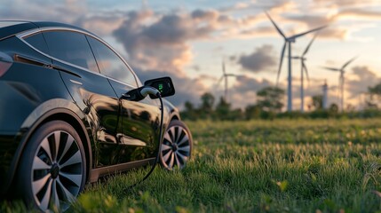 Poster - Eco-friendly electric car charging with windmills in the background and a blank mockup poster for green marketing.