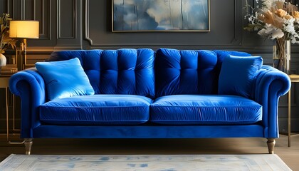 Luxurious comfort of a soft and fluffy blue velvet sofa